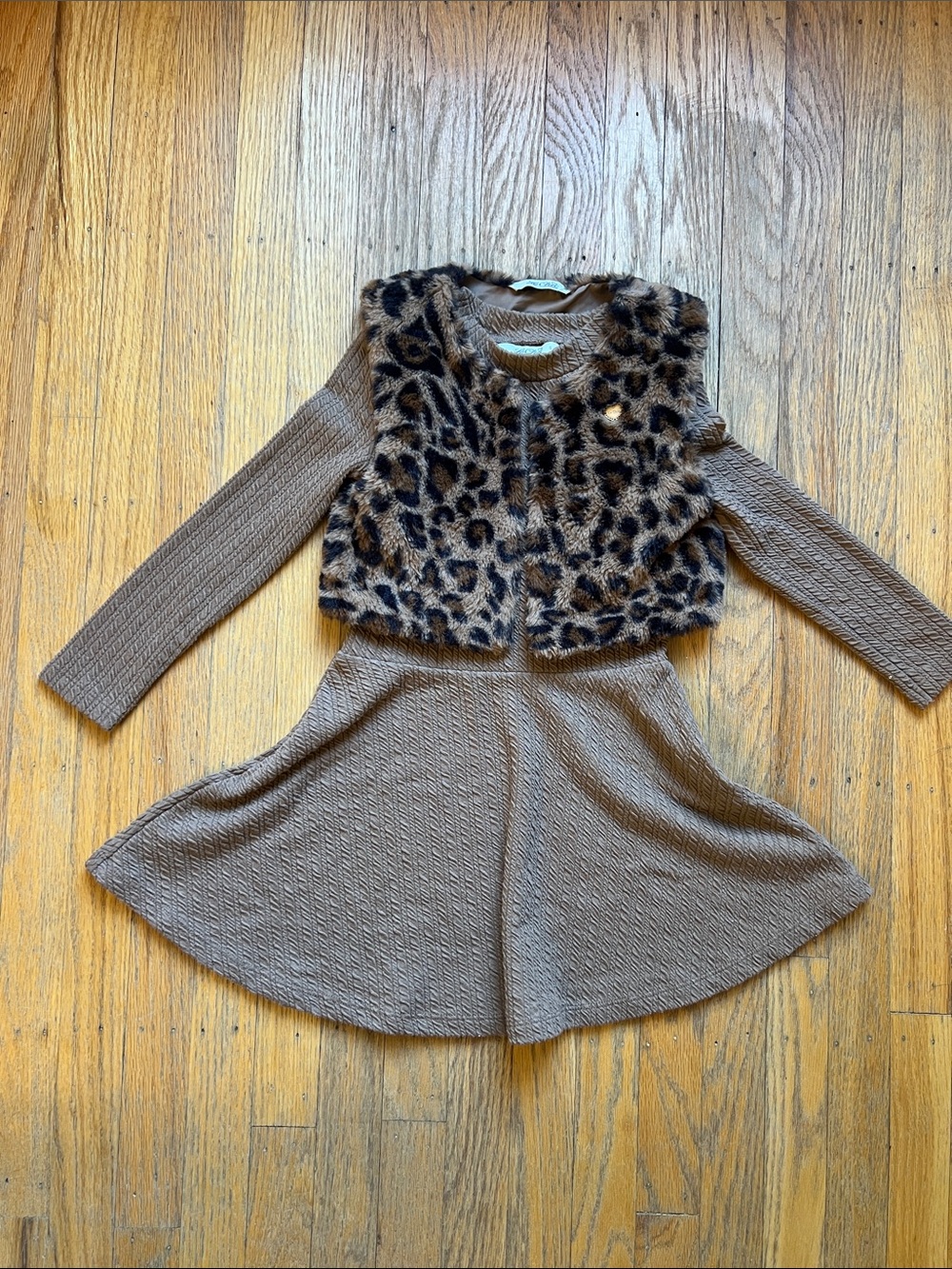 Brown Knit Dress with Faux Leopard Fur Vest